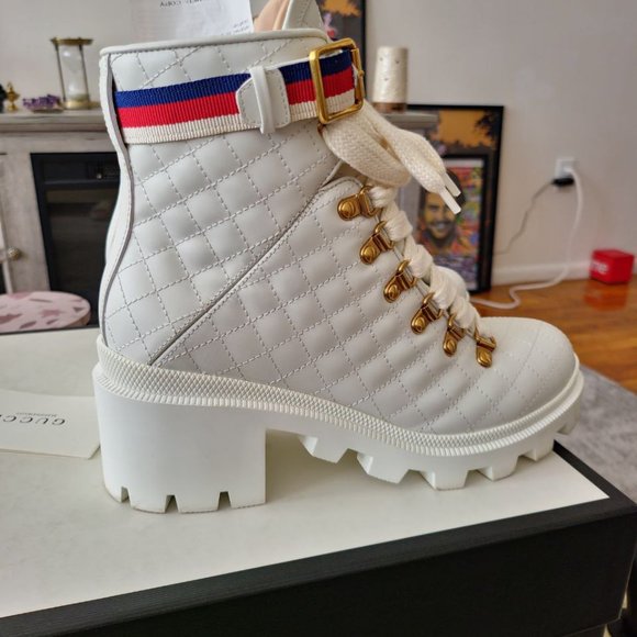GUCCI WHITE LEATHER TRIP ANKLE BOOT - Picture 4 of 7